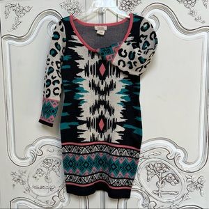Flying Tomato Aztec Print - Coral/Teal/Black - sweater dress with long sleeves